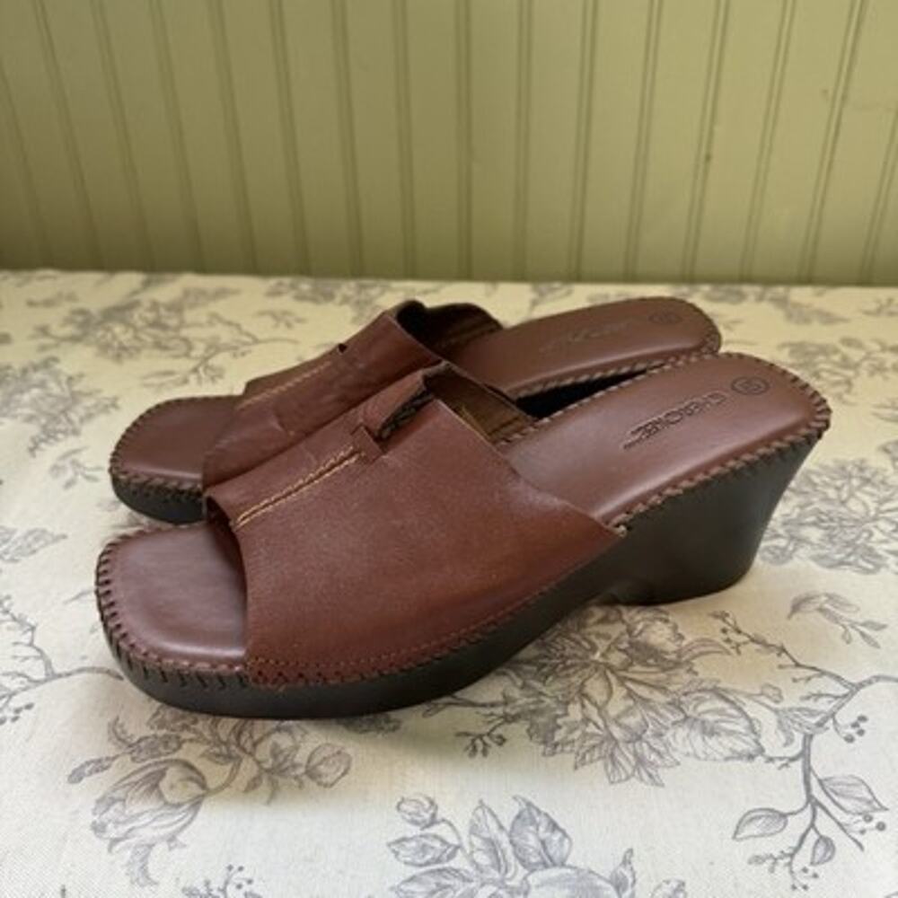 VTG Y2K Leather Chunky Platform Sandals Brown Slides Heels Size 10 Square Toe